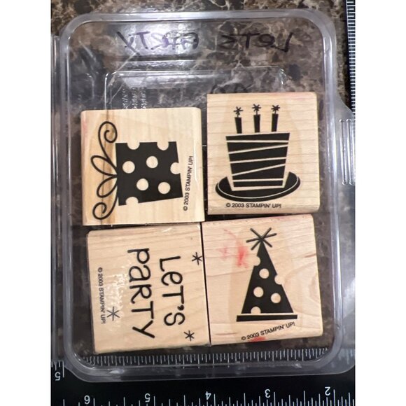 Stampin Up! 2003 Wood mounted Rubber Stamp set of 4 Let's Party - Picture 2 of 9